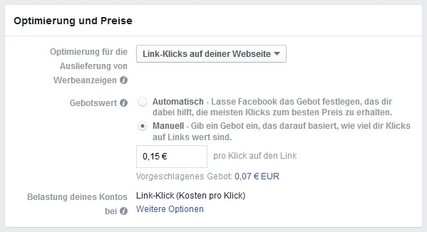 Facebook Werbeanzeigen - Gebot Abgabe